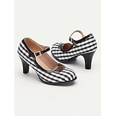 preiswerte 1950er Jahre-Damen Absätze Retro Mary Jane Arbeit Täglich Plaid Farbblock Schnalle Stöckelabsatz Runde Zehe Elegant Vintage PU Stoff Schnalle Schwarz / weiss Weiß und Grün Rot