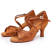 abordables Chaussures de danses latines-chaussures de danse de salon en satin noir pour femmes avec bride croisée et boucle en strass, talons confortables pour la danse latine et la salsa