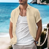 cheap Vacation-Men&#039;s Shirt Linen Shirt Summer Shirt Casual Shirt Beach Shirt Button Down Shirt Plain Vacation Curise Black White Light Green Pink Short Sleeve Lapel Summer Clothing Apparel
