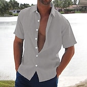 billiga Semester-Herr linneskjorta Sommarskjorta Standkläder Knapp upp skjorta Ensfärgat Semester Curise Svart Vit Rosa Blå Kortärmad Nedvikt Sommar Kläder Button-Down