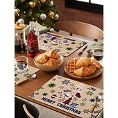 abordables Figuras coleccionables-Juego de 4 manteles individuales navideños de algodón y lino para mesa de Navidad de temporada de invierno con muñeco de nieve &amp;Diseño de reno para decoración de interiores y exteriores, para fiestas,
