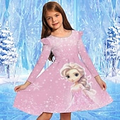 billiga 3D Cartoon Dresser-Flickor 3D Grafisk Tecknat Snöflinga Klänning Snowflake Klänning Volangkjol Långärmad Sommar Vår Semester Dagligen Helgdag Skön Ljuv Barn 4-12 år Festklänning A linjeklänning Knälång Normal
