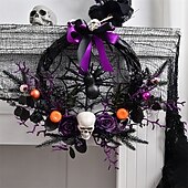 olcso Halloween kellékvilágítás-halloween koszorú műkoponyával és karácsonyi díszekkel - kísérteties lila virágos szőlőajtó függő kísértetjárta házhoz és félelmetes parti dekorációhoz