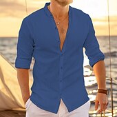 preiswerte Urlaub-Herren Hemd leinenhemd Hemd mit Stehkragen Sommerhemd Strandbekleidung Knopfhemd Glatt Urlaub Curise Schwarz Weiß Rosa Blau Langarm Stehkragen Frühling Sommer Bekleidung