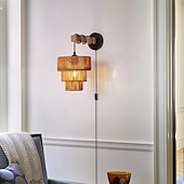 economico Luci da parete-Lampada da parete in rattan a 3 livelli con cavo di alimentazione, applique da parete in rattan boho deco, applique da parete interna con spina per camera da letto comodino sala da pranzo soggiorno