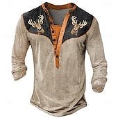 Men's Halloween Deer Henley Shirt Long Sleeve 3D Print Daily Ethnic Party Street Casual Winter Spring & Fall Blue Orange Gray Henley Henley T-Shirt 8