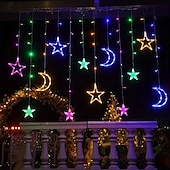 abordables Lumières de cordes solaires-Rideau lumineux en forme d&#039;étoile et de lune avec télécommande, 3,5 m, 138 LED, 8 modes, pour mariage, fête de Noël, extérieur, étanche, pour tente, chambre à coucher, salon, balcon, fenêtre,