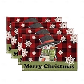 abordables Figuras coleccionables-Juego de 4 manteles individuales navideños de algodón y lino para mesa de Navidad de temporada de invierno con muñeco de nieve &amp;Diseño de reno para decoración de interiores y exteriores, para fiestas,