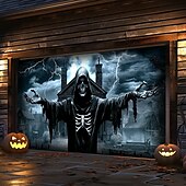 tanie Dekoracja Halloween-dekoracje drzwi halloweenowych na zewnątrz halloweenowa osłona drzwi garażowych baner jack o lantern dynia szkielet śmierć na zewnątrz duże tło dekoracja na święta zewnętrzne drzwi garażowe dekoracje