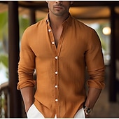 preiswerte Urlaub-Herren Hemd Leinenhemd Sommerhemd Strandbekleidung Knopfhemd Einfach Urlaub Kreuzfahrt Weiß Rosa Blau Orange Langarm Revers Frühling &amp; Sommer Bekleidung
