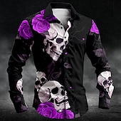 cheap Men&#039;s Printed Shirts-Men&#039;s Rose Skull Button Up Shirt Long Sleeve Casual Dark Party Evening Wear Daily Fall Winter Spring &amp; Summer Shirt Collar Button Up 3D Print Black White Blue Purple Green