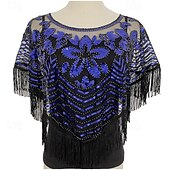 baratos Xailes-xale vintage glamour - respirável, enfeitado com lantejoulas, com borlas, estilo elegante estilo flapper com casaco combinando para uso noturno feminino - fino, curto, design de bata, perfeito para