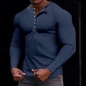 tanie Casualowa koszulka Henley-100% bawełniana męska koszulka henley koszulka z długim rękawem koszula z długim rękawem jednolity kolor modny codzienny guziki henley outdoor casual lato ciemnobrązowy wojskowa zieleń ciemnoszary henley t-shirt