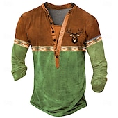 tanie Styl etniczny-Męskie Oktoberfest Jeleń Koszula Henley Długi rękaw drukowanie 3d Sport Moda Codzienny Ulica Codzienny Zima Wiosna i jesień Niebieski Brązowy Zielony Henley Koszulka Henley