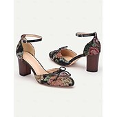 economico Block Heels-scarpe col tacco a blocco con cinturino alla caviglia e motivo floreale da donna con dettaglio fiocco, perfette per le occasioni di ispirazione vintage