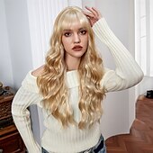 abordables Perruques Synthétiques Sans Bonnet-Perruque Synthétique Bouclé Ondulé Coupe Droite Avec Frange Fabriqué à la machine Perruque 26 pouces Blond Cheveux Synthétiques Femme Mignon Cosplay Soirée Blond