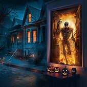 levne halloweenské nástěnné tapisérie-dekorace na halloweenská okna, látková lebka z ohně plakát na halloweenskou záclonu na okenní dveře dekorace pro strašidelný dům, strašidelné nálepky na halloweenská okna vnitřní venkovní