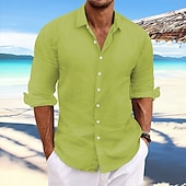 cheap Vacation-Men&#039;s Linen Shirt Summer Shirt Beach Wear Casual Shirt Button Up Shirt Plain Casual Daily Light Yellow White Pink Dark Navy Long Sleeve Spring &amp; Summer Clothing Apparel