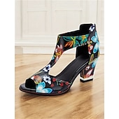 cheap Block Heels-Women&#039;s Colorful Floral Print Block Heel Sandals with Cut-Out Design - Stylish Open-Toe Shoes for Summer Parties and Casual Wear