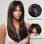 cheap Synthetic Trendy Wigs-Wigs for Women Highlight Wig with Bangs Layered Long Straight Natural Hair Synthetic Wig