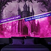 お買い得  ハロウィン壁タペストリー-ハロウィーンの飾り、ブラックライトタペストリー、光るパーティー、不気味な邸宅、城、紫外線反応、暗闇で光る、サイケデリックでトリッピーな霧の吊り下げタペストリー、リビングルーム、寝室用の壁アート壁画