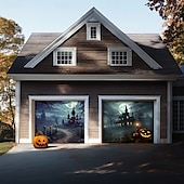 billige Halloween garasjeportdeksel-halloween dørdekorasjoner utendørs halloween garasjedørdeksel jack o lanterne gresskar slott banner skummel skog stort bakteppe dekorasjon for ferie utendørs garasjedør hjem veggdekorasjoner