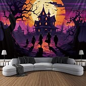 cheap Halloween Wall Tapestries-Halloween Blacklight Tapestry Haunted Castle UV Reactive Glow in the Dark Glow Party Trippy Misty Haunted House Hanging Tapestry Wall Art Mural for Living Room Bedroom