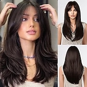 cheap Synthetic Trendy Wigs-Wigs for Women Highlight Wig with Bangs Layered Long Straight Natural Hair Synthetic Wig