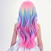 cheap Carnival Wigs-Child Kids Colorful Wigs Long Curly Wavy Wig for Girls Kids Rainbow Wig Colored Synthetic Cosplay Party Halloween Wigs