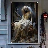 cheap Halloween Wall Tapestries-Halloween Window Cover Decorations, Fabric Ghost Bride Creepy Halloween Curtain Horror Movie Poster Window Door Covering Decor for Haunted House, Scary Halloween Window Clings Decals Indoor Outdoor