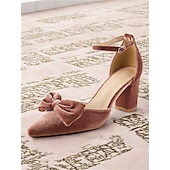 preiswerte Block Heels-Braune Pumps aus Samt mit spitzer Spitze und Fesselriemchen sowie Blockabsatz und Schleifendetail für Damen für Partys und formelle Anlässe