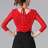 cheap Ballroom Dancewear-Ballroom Dance Activewear Top Ruffles Pure Color Splicing Women&#039;s Performance Training 3/4 Length Sleeve High Nylon