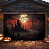 tanie Halloween pokrycie drzwi garażowych-dekoracje drzwi halloweenowych na zewnątrz halloweenowy baner na drzwi garażowe jack o lantern duży gobelin dekoracja tła na święta zewnętrzne drzwi garażowe dekoracje ścienne domu