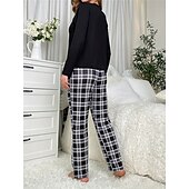 billiga Sovkläder till damer-kvinnors pyjamasset rutnät / rutig bokstav mode komfort hem daglig säng andas rund hals långärmad t-shirt t-shirt byxa resår midja höst vinter hem outfits