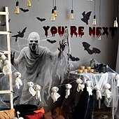 baratos Decoração de Parede-decalques de parede de morcego fantasma branco de esqueleto assustador com texto em inglês decorações de terror autoadesivas