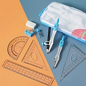 お買い得  事務用品-10個の幾何学コンパスセット、収納ボックス、定規、分度器、コンパス、消しゴム、鉛筆削り、鉛筆替芯付き
