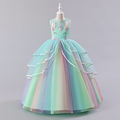 billige Enhjørningskjoler-barn jentekjole fargeblokk regnbue ermeløs fest søt polyester maxi tyll kjole sommer vår 3-12 år lys rosa hvit elfenben
