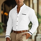 cheap Men&#039;s Oxford Shirts-Men&#039;s Shirt Band Collar Shirt Dress Shirt Button Up Shirt Oxford Shirt Patchwork Wedding Vacation Light Blue White Navy Blue Gray Long Sleeve Standing Collar Spring &amp; Summer Clothing Apparel Front