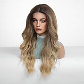abordables Perruques synthétiques à dentelle-Perruque en dentelle synthétique Ondulation naturelle Style 26 pouce Ombre Blond Marron Foncé Doré Partie médiane Ouverte Perruque Femme Perruque Brun doré avec blond