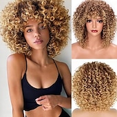 baratos Perucas de Qualidade Superior-perucas afro loiras cacheadas para mulheres negras, peruca loira crespa com franja cabelo sintético resistente ao calor para uso diário