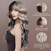 baratos Perucas Sintéticas sem Touca-peruca longa ondulada natural resistente ao calor fibra sintética perucas cacheadas com franja para mulheres meninas festa diária natal viagem usada