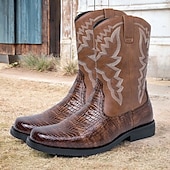 levne Cowboy &amp; Western Boots-pánské hnědé westernové kovbojské boty s krokodýlí texturou a vyšívaným svrškem z umělé kůže, ideální na ranč a venkovní nošení