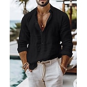 cheap Vacation-Men&#039;s Shirt Linen Shirt Summer Shirt Beach Wear Button Up Shirt Plain Casual Daily Black White Pink Blue Long Sleeve Collar Spring &amp; Summer Clothing Apparel