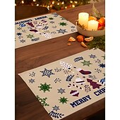 abordables Figuras coleccionables-Juego de 4 manteles individuales navideños de algodón y lino para mesa de Navidad de temporada de invierno con muñeco de nieve &amp;Diseño de reno para decoración de interiores y exteriores, para fiestas,