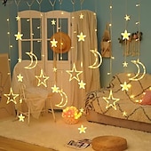 abordables Lumières de cordes solaires-Rideau lumineux en forme d&#039;étoile et de lune avec télécommande, 3,5 m, 138 LED, 8 modes, pour mariage, fête de Noël, extérieur, étanche, pour tente, chambre à coucher, salon, balcon, fenêtre,