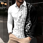 billiga Musikpolo för män-musikfestival Herr Musik Pikétröjor Golf pikétröjor Långärmad Polotröjor Krage Ledigt Semester Festkvällskläder Vardag Knappar 3D-utskrift Vår Höst Svartvit