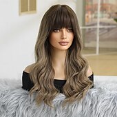 Недорогие Парик из искусственных волос без шапочки-основы-Парики из искусственных волос Волнистый Блестящий завиток Средняя часть С чёлкой Парик 24 дюймы Темно-коричневый Искусственные волосы Жен. Эластичный Удобный С челкой Темно-коричневый
