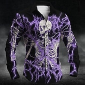 preiswerte Halloween-Shirts-Halloween Totenkopf Motiv Grusel Herren Knopfhemd Langarm Partyabend Täglich Herbst Winter Frühling Sommer Hemdkragen 3D-Druck Dünn Rote Blau Purpur Grün Polyester