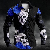cheap Men&#039;s Printed Shirts-Men&#039;s Rose Skull Button Up Shirt Long Sleeve Casual Dark Party Evening Wear Daily Fall Winter Spring &amp; Summer Shirt Collar Button Up 3D Print Black White Blue Purple Green