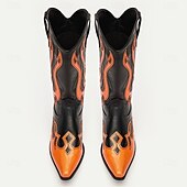 cheap Cowboy &amp; Western Boots-Men&#039;s Black and Orange Mid-Calf Western Cowboy Boots - Bold Flame Design with High-Gloss Finish for Rodeo and Fashion Wear